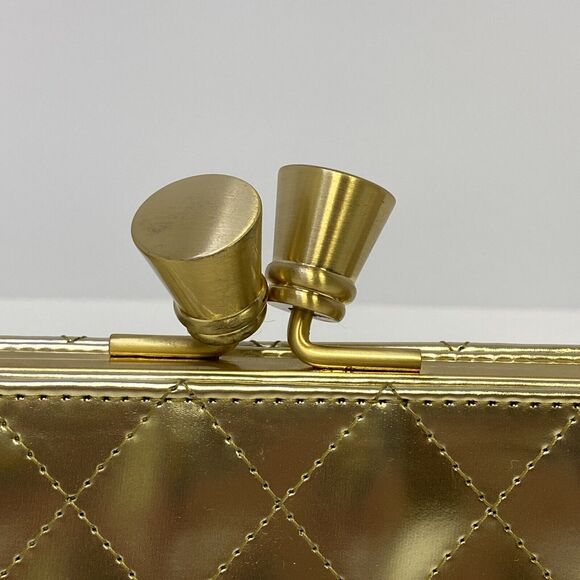 Sondra Roberts Clutch with Removal Chain Kiss Lock Closure Gold Metallic Quilted - Picture 2 of 10